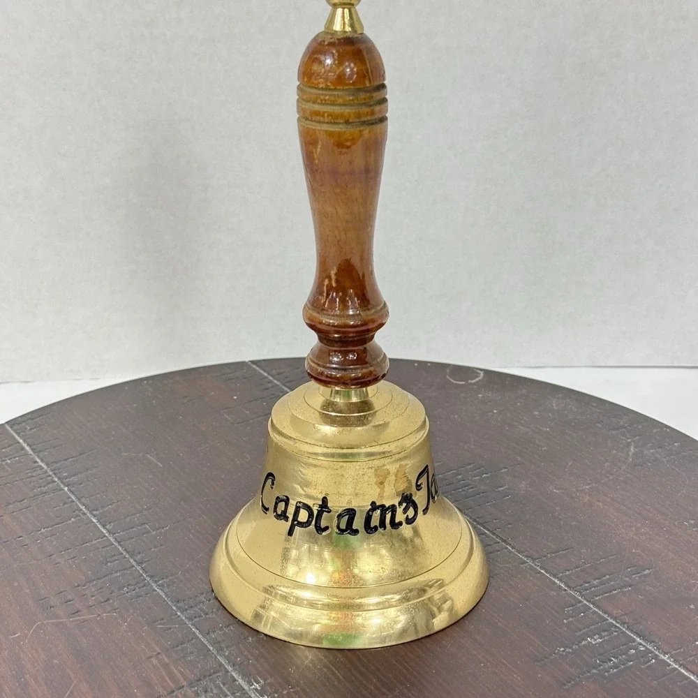 Vintage Captain's Table Brass Hand Bell with Wood Handle 8.25
